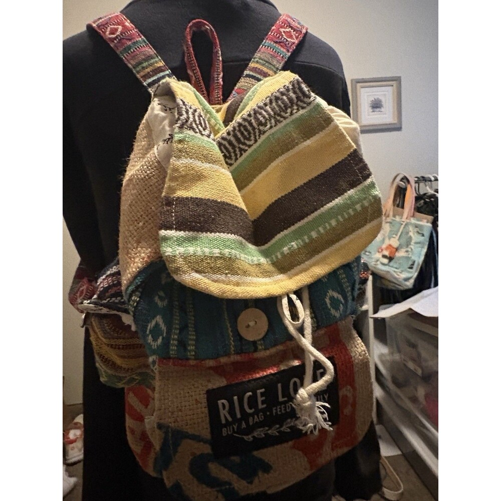 NEW Rice Love Backpack Drawstring Closure Handcrafted Travel Bag Purse Backpack - Picture 6 of 6